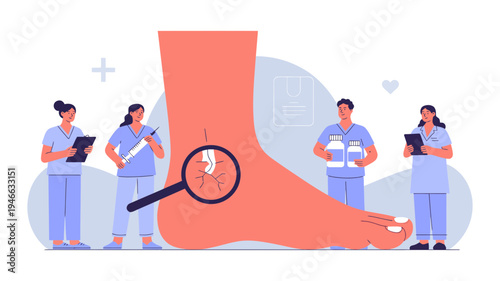 Medical professionals are closely inspecting a human foot, focusing on a fungal infection.