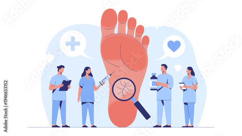 Medical professionals are examining the sole of a large human foot with visible cracks.