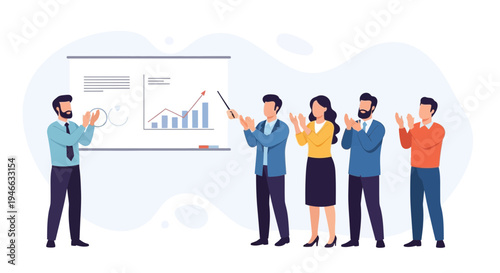 Business presentation success with clapping audience and growth chart on whiteboard