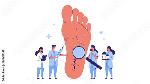 Medical professionals are examining the sole of a large human foot for various conditions.