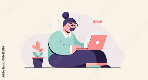 A stylized person in glasses works on a laptop with a plant