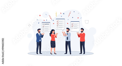 Teamwork success: Colleagues celebrate completed tasks with confetti and checklists