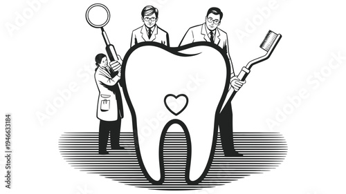 Three male dentists with tools meticulously examine and care for a large tooth with a heart symbol.