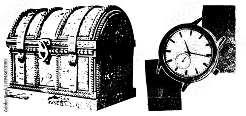 Ornate wooden treasure chest with padlock and rope, classic wristwatch with analog dial, retro engraved style, black and white vector art, isolated objects.