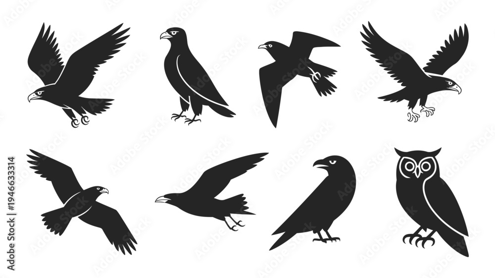 Obraz premium A set of solid black vector icons featuring various birds including eagles, a crow, a hawk, and an owl in multiple dynamic poses.