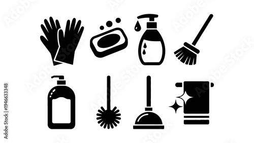 A collection of black solid vector icons illustrating common cleaning products and tools used for maintaining hygiene and household cleanliness.