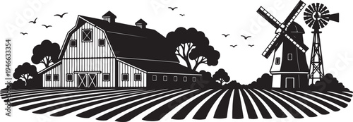 Black and white silhouette of rural farm scene with barn windmill and flying birds also transparent background