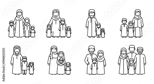 Diverse muslim families and individuals depicted in black silhouette icons