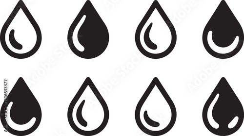 Water droplets in different styles liquid symbols black and white