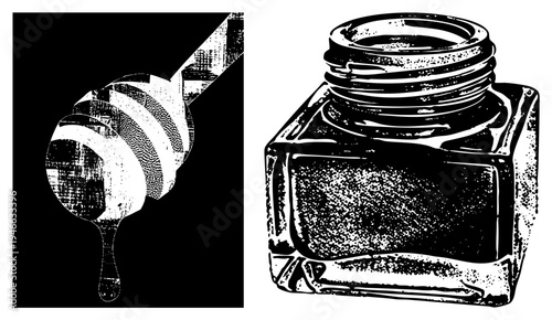 Honey dipper dripping viscous amber syrup, glass inkwell jar, vintage writing utensil, halftone vector illustration, black and white graphic.