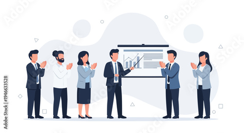 Business team applauding speaker during presentation with chart on screen