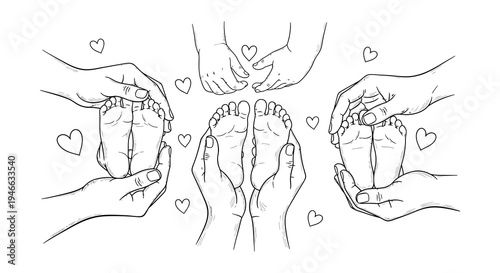 Baby feet and hands illustrations with hearts in a doodle style