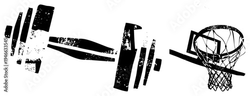 Stylized basketball hoop with net and player silhouette, grunge texture, black and white vector, sports, athletic graphic, urban design.