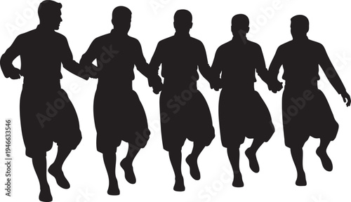 Dynamic silhouette of male folk dancers performing a synchronized traditional cultural routine, celebrating heritage and communal spirit