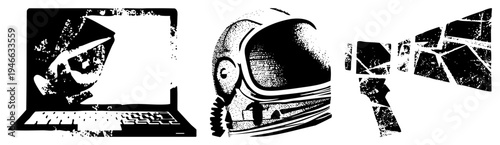 Vintage astronaut helmet, laptop screen with glitch effect, shattered glass, halftone texture, graphic, digital decay, sci fi tech, vector cutout.