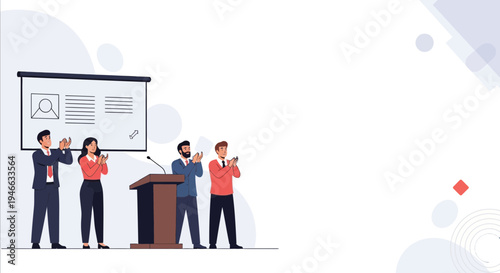 Business meeting success: team applauds speaker at podium with presentation screen