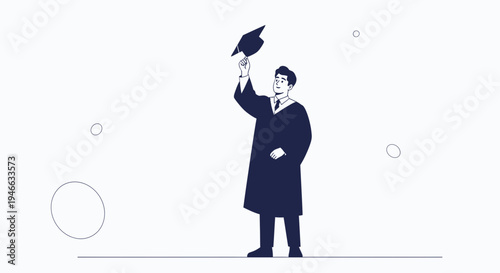 Graduation Celebration: Man in Cap and Gown Tosses Cap in Air, Vector Illustration