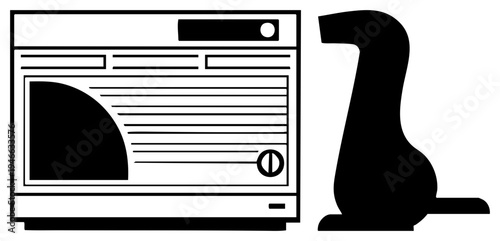 Classic TV set with screen and dials beside a retro vacuum cleaner, minimalist black, mid century design, household appliances, vector graphic.