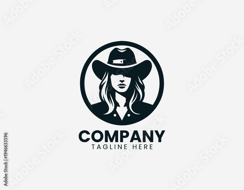 Confident cowgirl portrait wearing wide brim hat in bold modern black vector logo illustration style