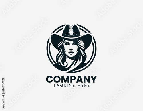 Confident cowgirl portrait wearing wide brim hat in bold modern black vector logo illustration style