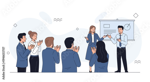 Business team applauding speaker at presentation, successful meeting, teamwork, appreciation