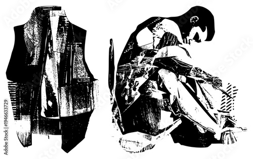 Graphic vector art depicting a vest and a seated person, stylized with halftone textures, fashion illustration, design, silhouette fashion, punk aesthetic, art.