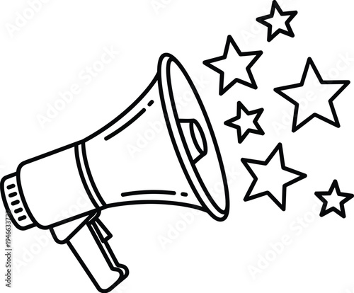 Megaphone with stars coming out of it for loud announcement