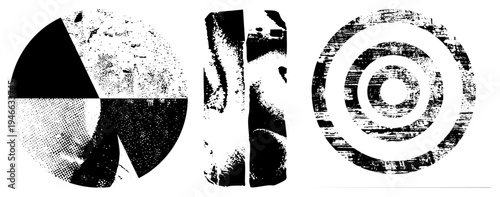 Vector art featuring fragmented circles, vertical stripes, and concentric rings with halftone grain, graphic design, minimalist abstract forms.