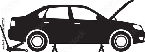 Black silhouette of a car on a jack with hood open also transparent background mechanic