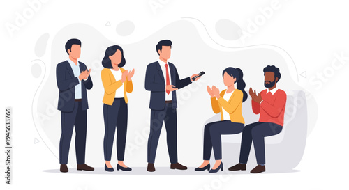 Business team applauding successful presentation, celebrating achievement and teamwork.