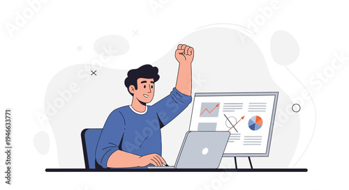 Man celebrating success at work with charts and graphs on computer screen