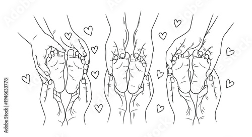 Baby feet and hands illustrations with hearts in a doodle style