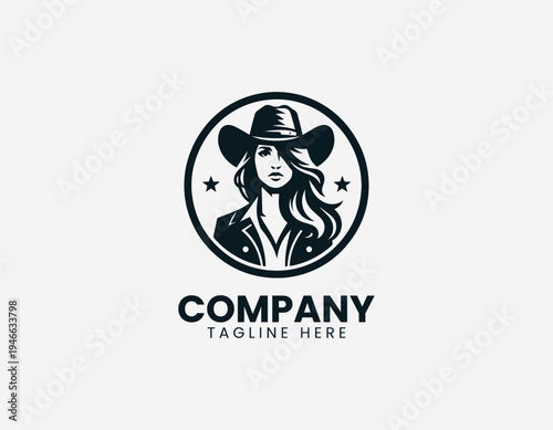 Confident cowgirl portrait wearing wide brim hat in bold modern black vector logo illustration style