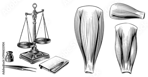 Classic justice scale with ink bottle and notepad, paired with detailed muscle fiber illustrations, engraved art, legal or medical context.