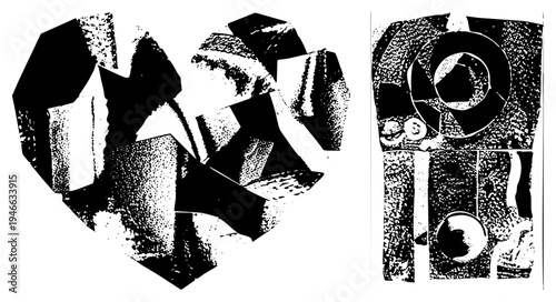Fragmented geometric forms with halftone texture, abstract cubist composition, vector art with dot shading, modern graphic design element, black and white illustration.