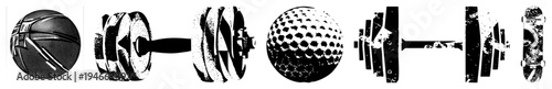 Black and white vector of sports equipment with halftone texture, gym tools, athletic gear, fitness symbols, isolated graphics.