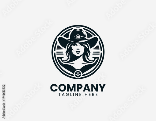 Confident cowgirl portrait wearing wide brim hat in bold modern black vector logo illustration style
