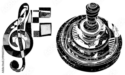 Graphic composition of treble clef with textures and gear assembly in high contrast halftone, vector art style, mechanical and musical motifs combined.
