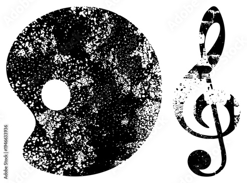 Distressed black and white vector of CD and treble clef, grunge texture, musical notation, digital, retro design.