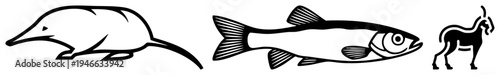 Vector of a tenrec, salmon, and goat in simplified forms, black ink on transparent, flat graphic design for branding or.