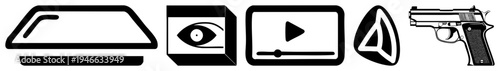 Collection of five flat vector laptop, eye, play button, triangle, pistol. Simple black on transparent background, ideal for UI design or digital interfaces.