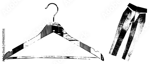 Classic wooden garment hanger with textured stripes, holding tailored trousers, fashion storage, wardrobe organizer, minimalist closet, apparel display.