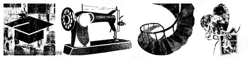 Classic sewing appliance with spool,, and presser foot, vintage textile tool, craft equipment, halftone vector graphic.