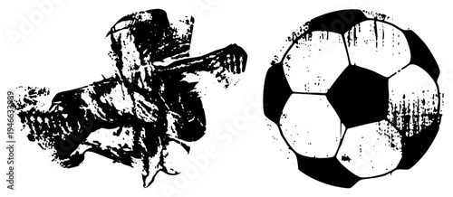 Black and white vector illustration of footballer in action, soccer ball with classic hexagon, distressed ink texture, gritty sports graphic, stylized athletic motion.