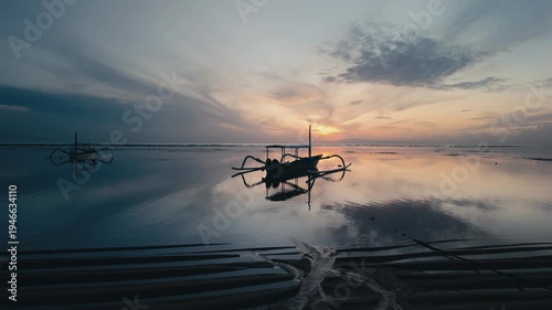 Serene Tropical Beach Landscapes with Traditional Jukung Boats at Sunrise and Sunset
