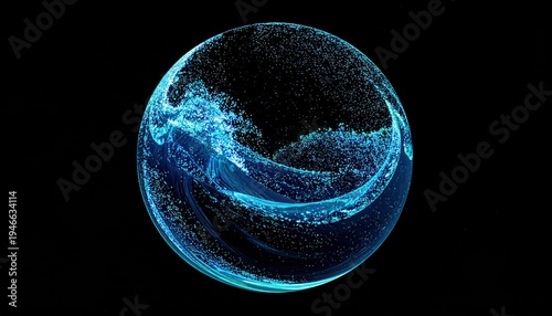 Digital sphere with swirling turquoise fluid and scattered particles