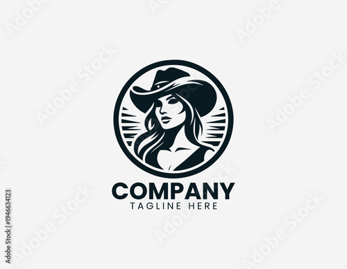 Confident cowgirl portrait wearing wide brim hat in bold modern black vector logo illustration style