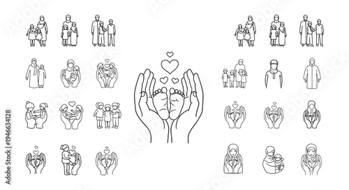 Baby feet and hands illustrations with hearts in a doodle style