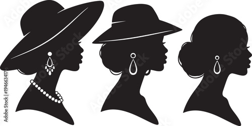 Silhouettes of three women in different hats with earrings also transparent background black