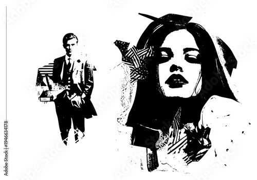 Stylized figures, halftone graphic art, male and female subjects, bold, high contrast design, pop art influence, isolated vector illustration.